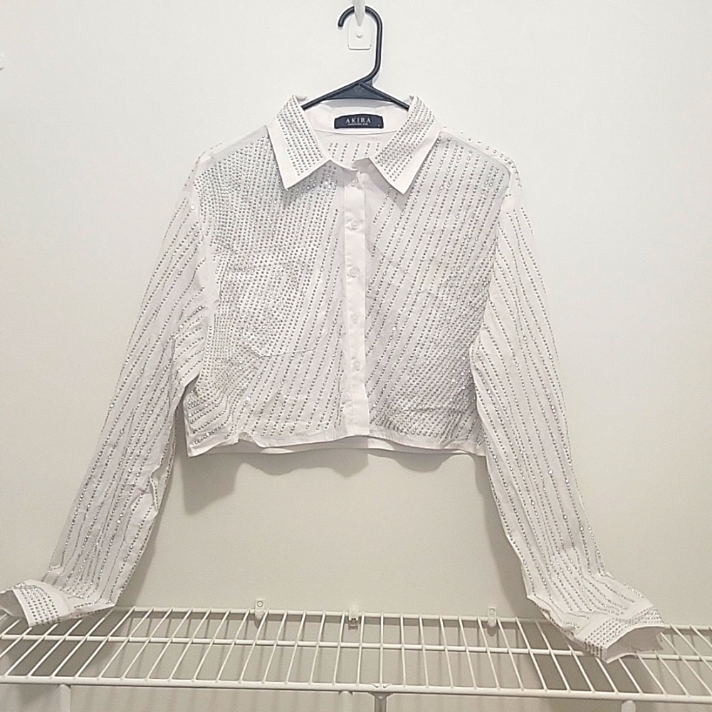 Rhinestone studded crop button down blouse